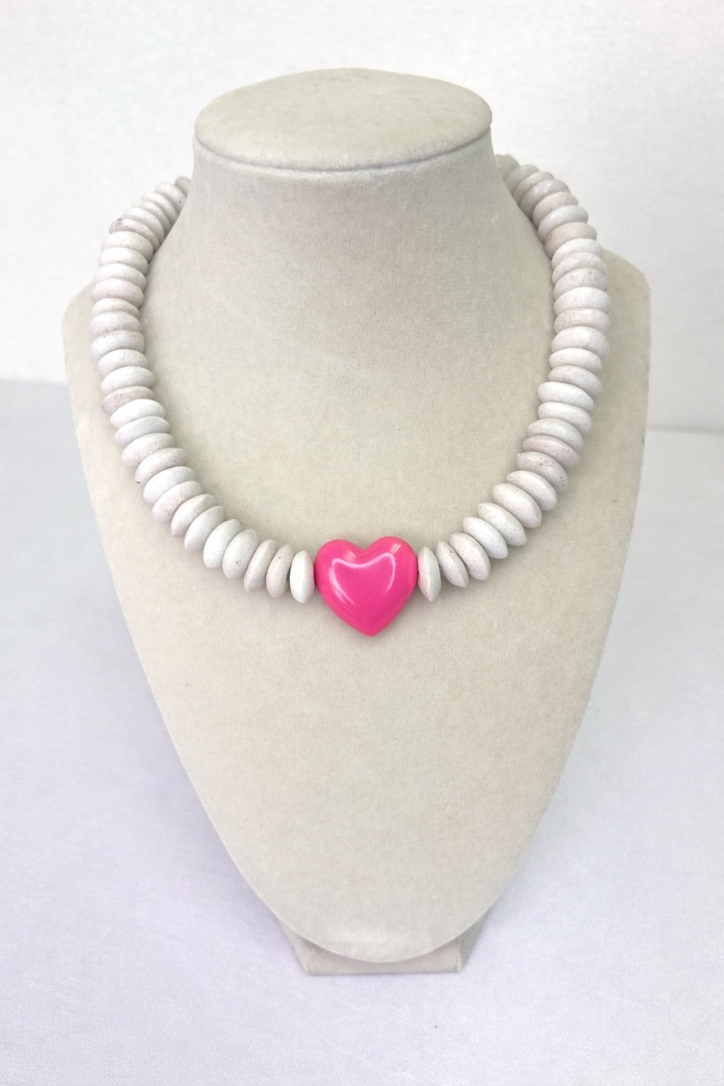 White Glass Beaded Necklace+Pink Heart Connector