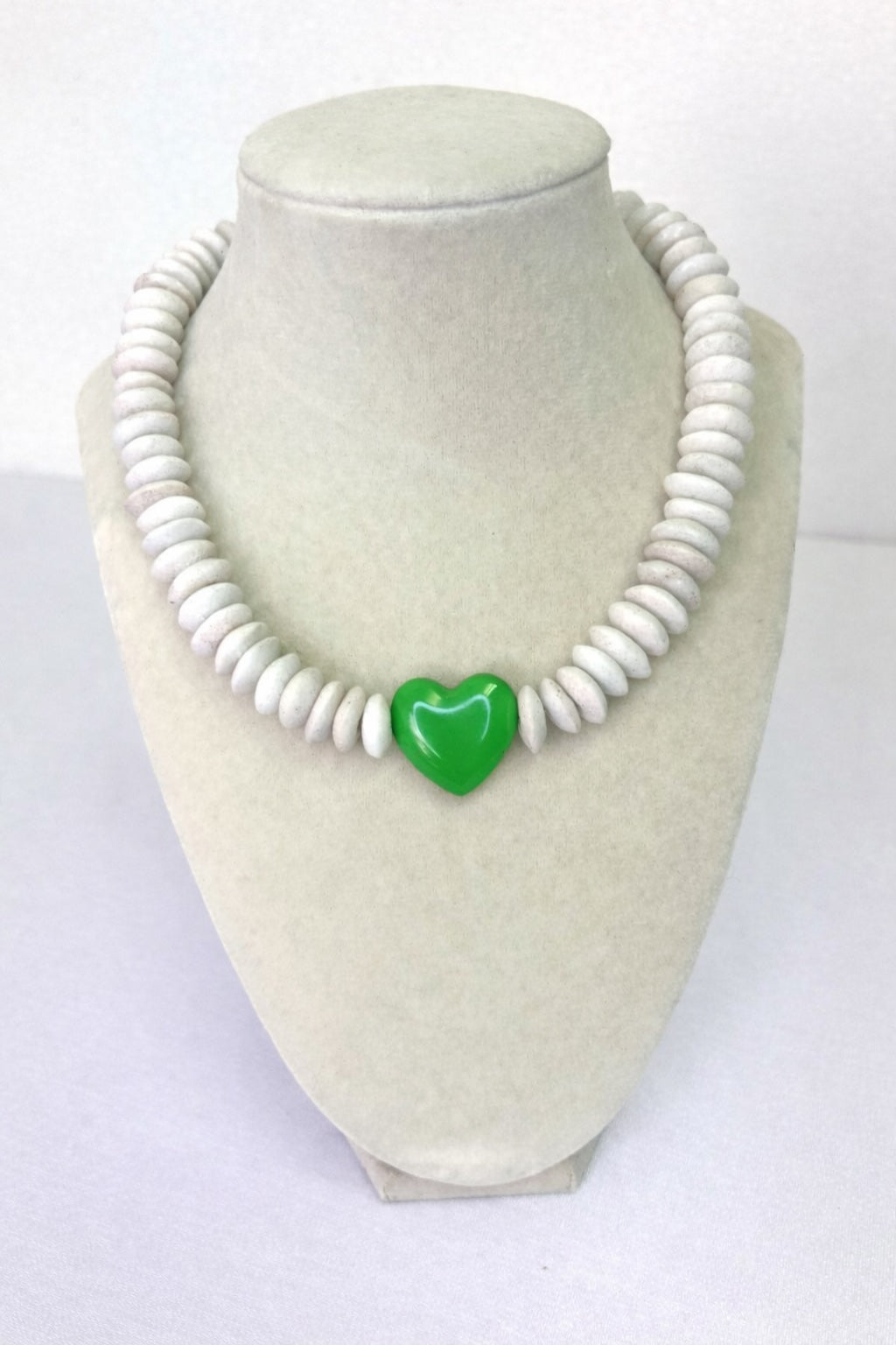 White Glass Beaded Necklace+Green Heart Connector