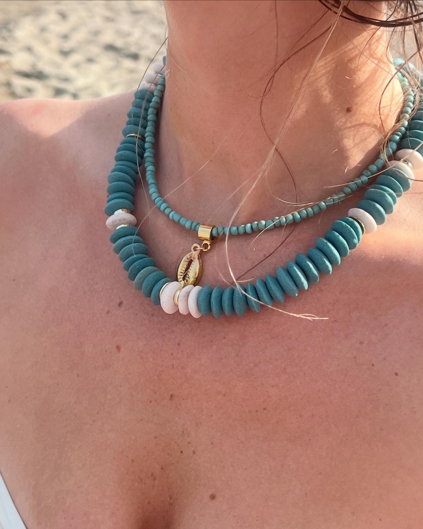 Turquoise Small Glass Bead+Small Gold Cowrie Shell Pendant