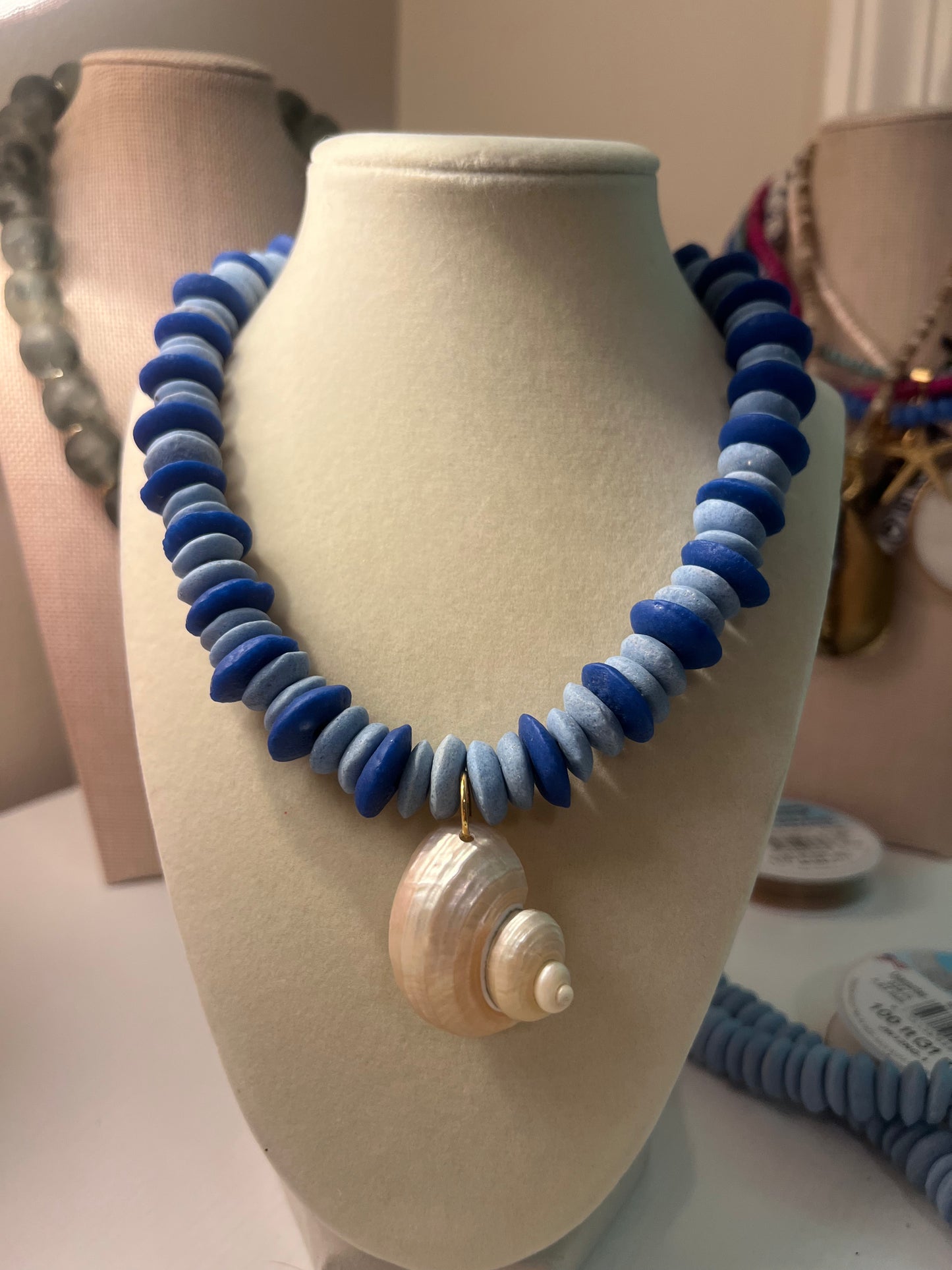 Dark+Sky Blue Glass Saucer Bead+Seashell Pendant