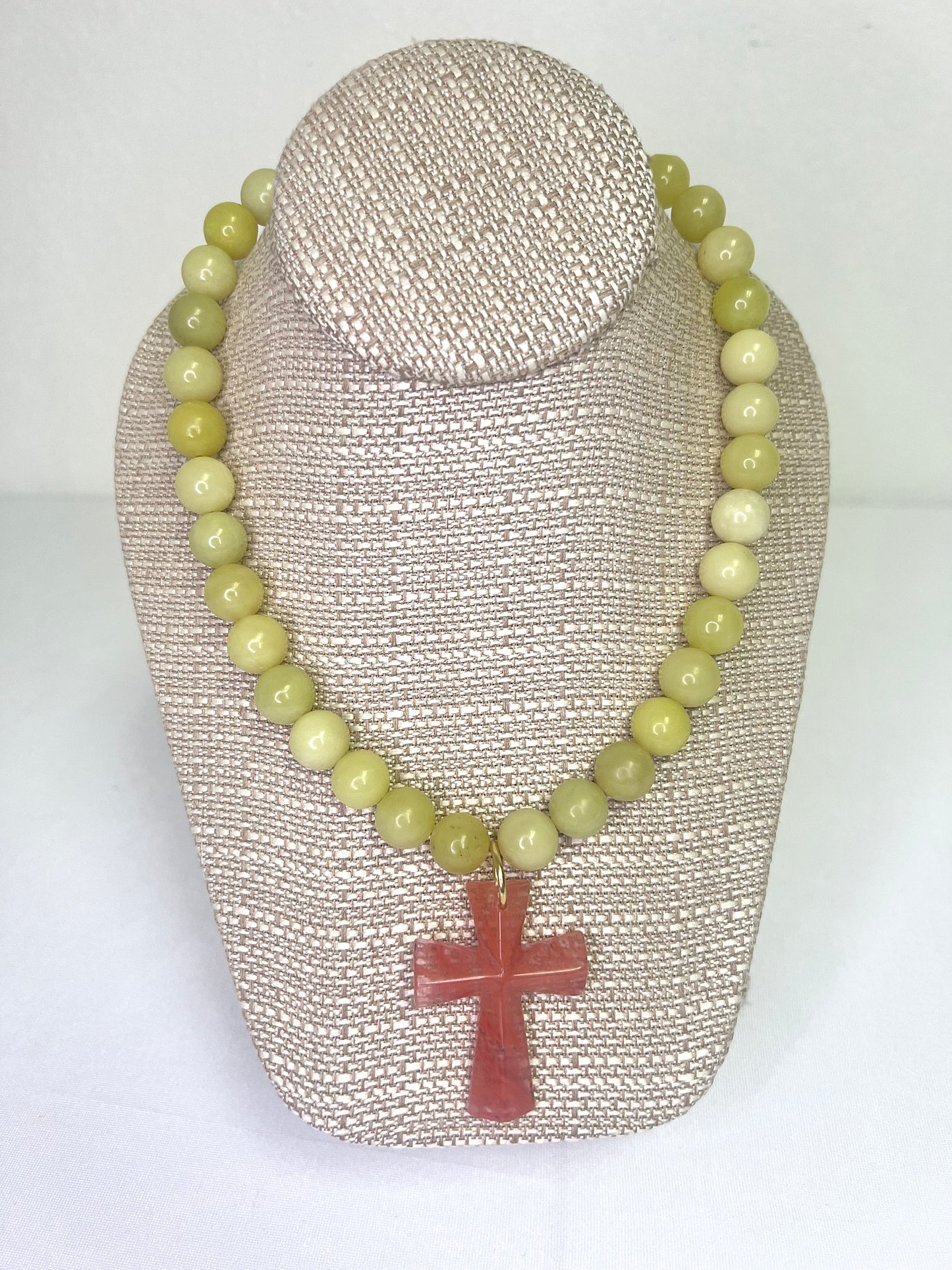 Yellow Round Gemstone Necklace+Coral Cross Pendant
