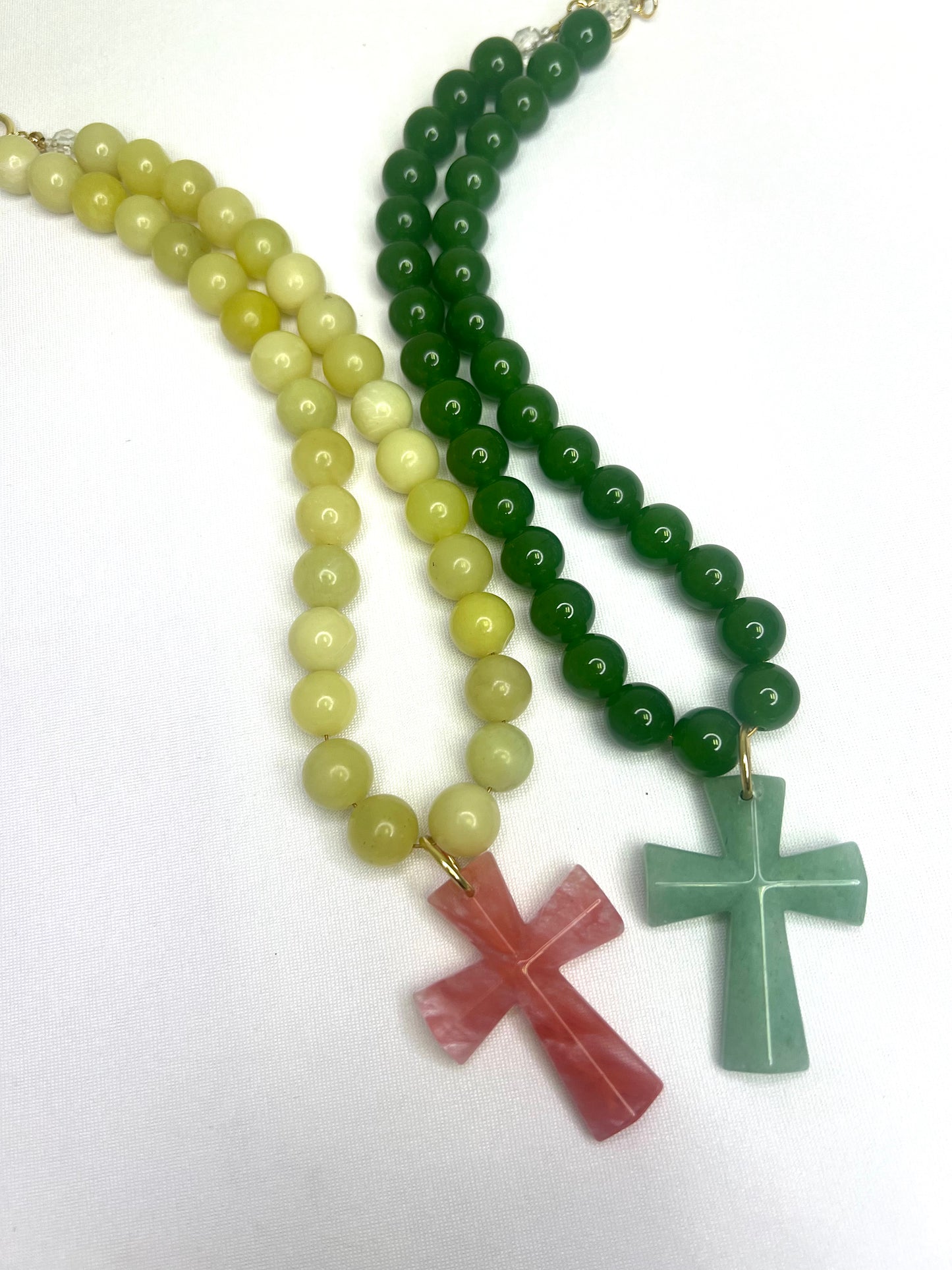 Green Round Gemstone Necklace+Turquoise Cross Pendant