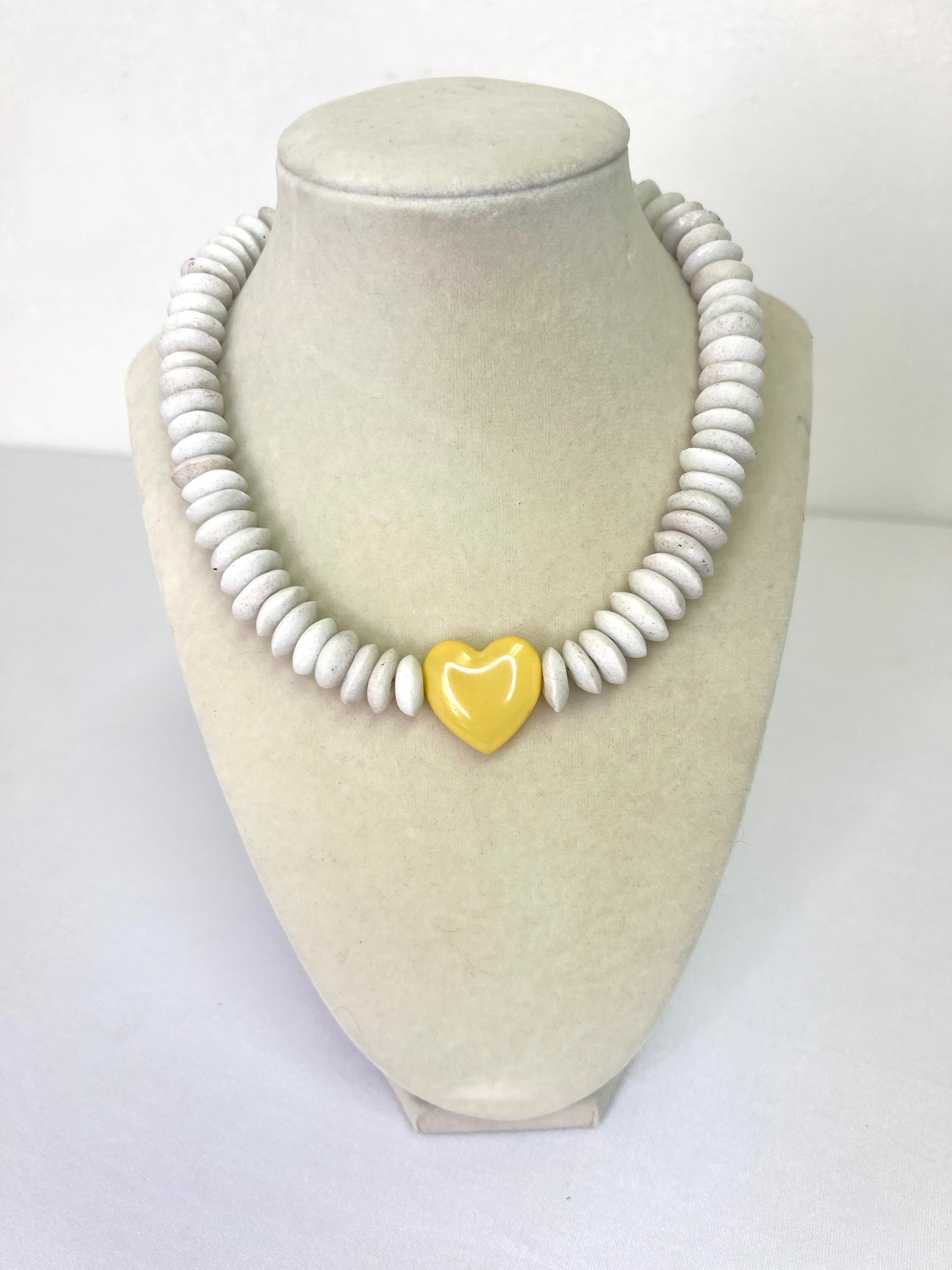 White Glass Beaded Necklace+Yellow Heart Connector