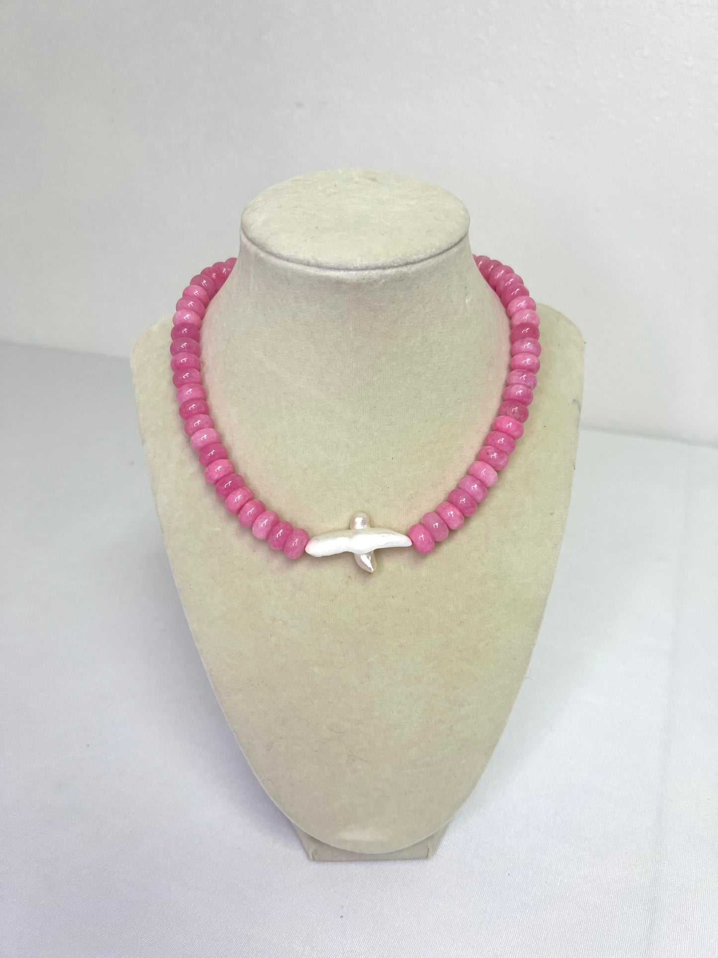 Pink Beaded Necklace with Pearl Cross Connector