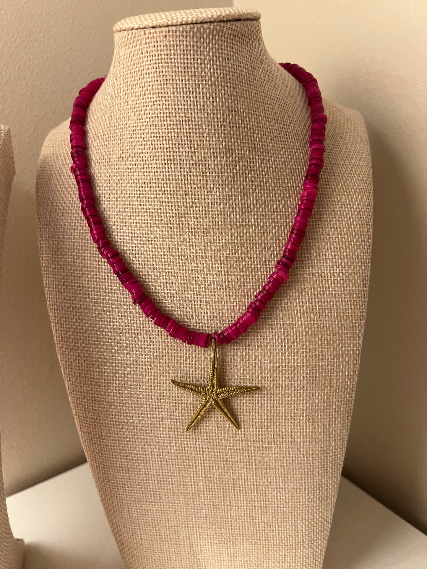 Fuschia Heishi Bead+Starfish Pendant
