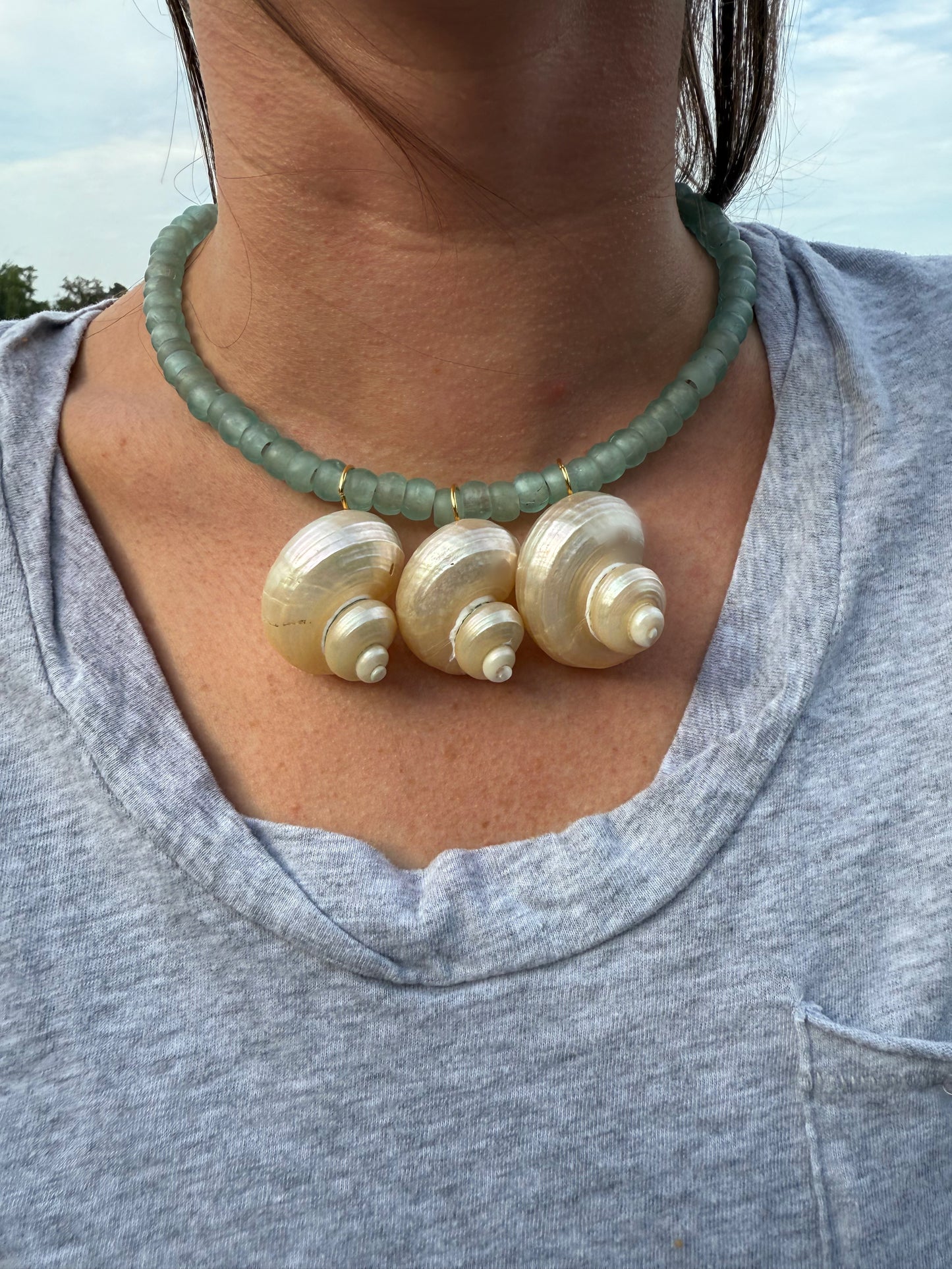 Turquoise Glass Bead+Three Seashell Pendants