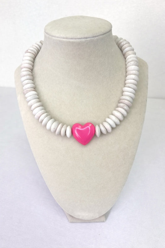 White Glass Beaded Necklace+Pink Heart Connector