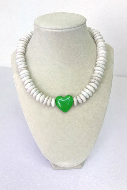 White Glass Beaded Necklace+Green Heart Connector