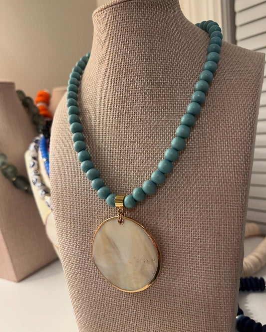 Blue Bone Bead+Pearl Coin Pendant