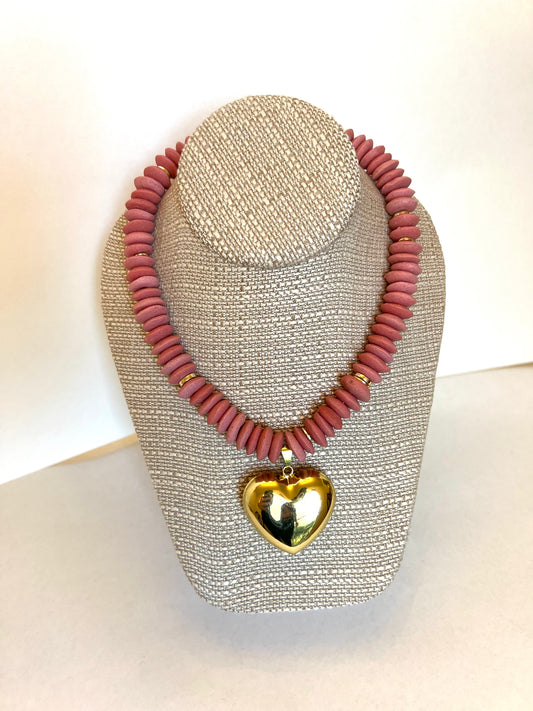 Pink Glass Saucer Bead+Large Gold Heart Charm Necklace