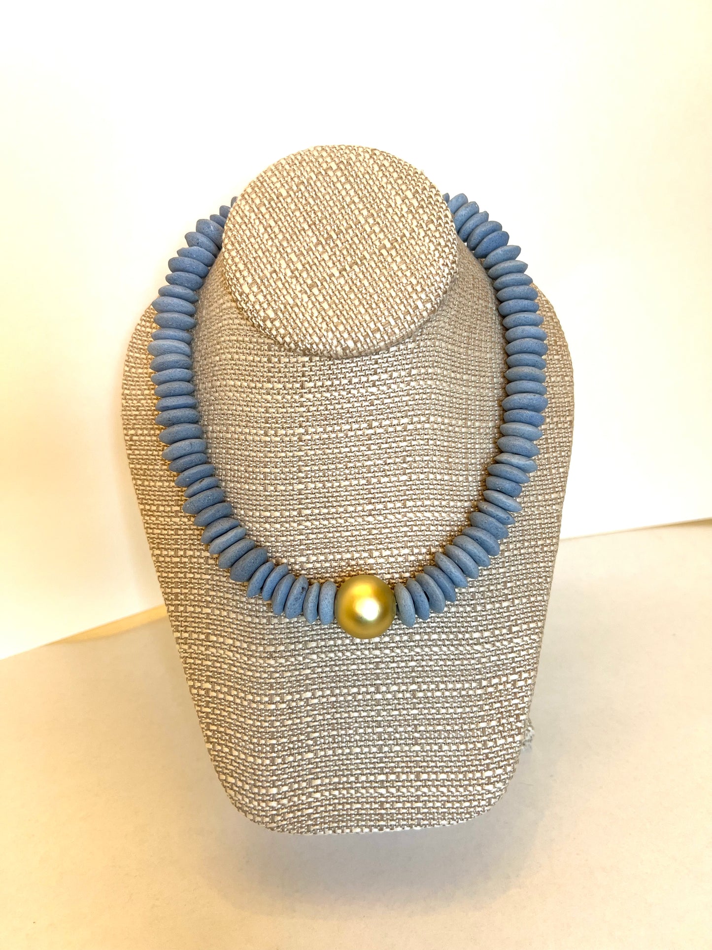 Sky Blue Glass Saucer Bead+Small Gold Connector Necklace