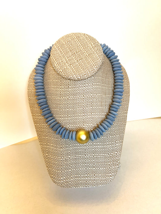 Sky Blue Glass Saucer Bead+Small Gold Connector Necklace