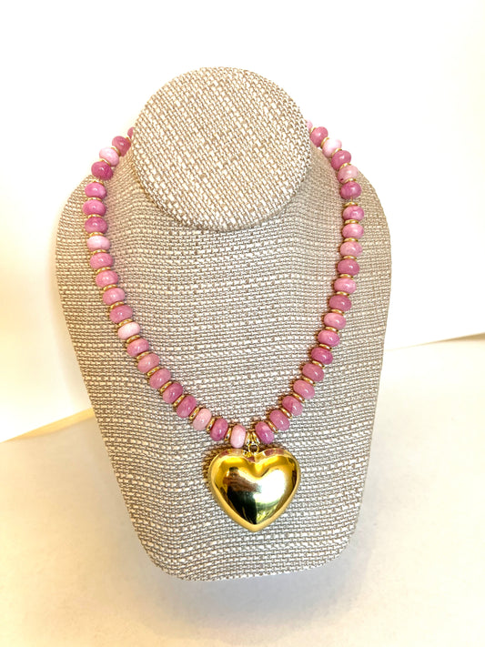 Light Pink Rondelle+Large Gold Heart Charm Necklace