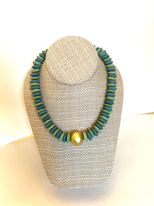Green & Blue Glass Saucer Bead+Small Gold Connector Necklace