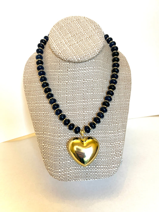 Navy Rondelle+Large Gold Heart Connector Charm Necklace