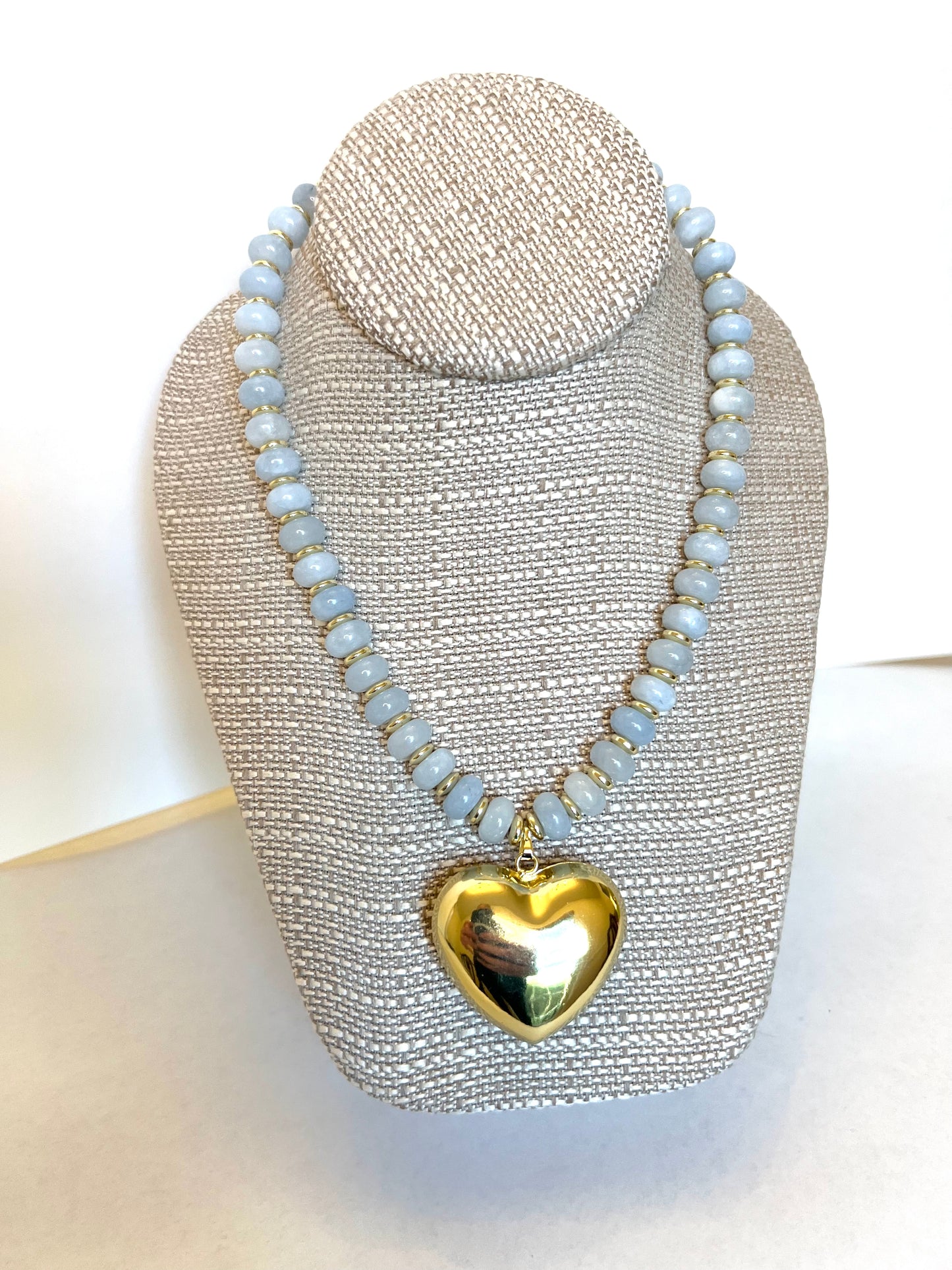 Light Blue Rondelle+Large Gold Heart Charm Necklace