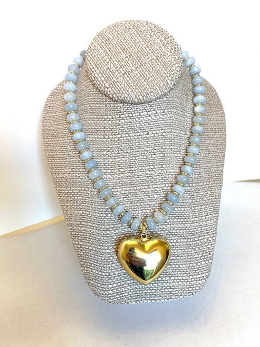 Light Blue Rondelle+Large Gold Heart Charm Necklace