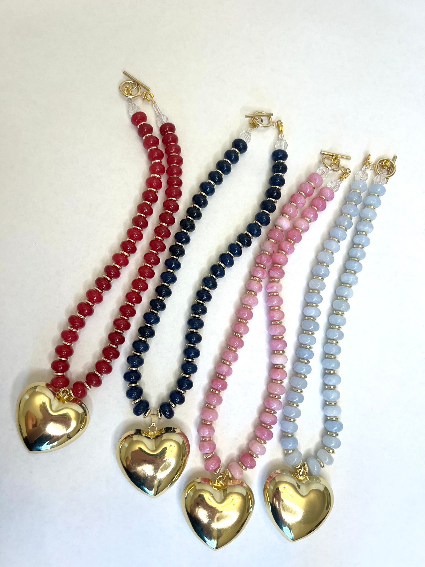 Light Blue Rondelle+Large Gold Heart Charm Necklace