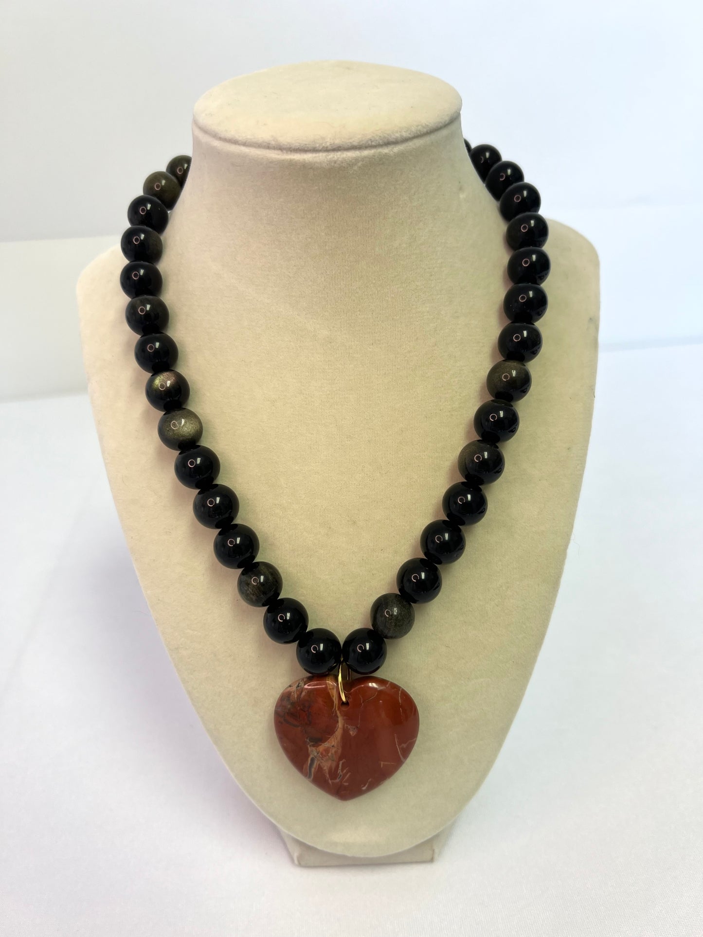 Black Onyx Beaded Necklace+Red Jasper Heart Pendant