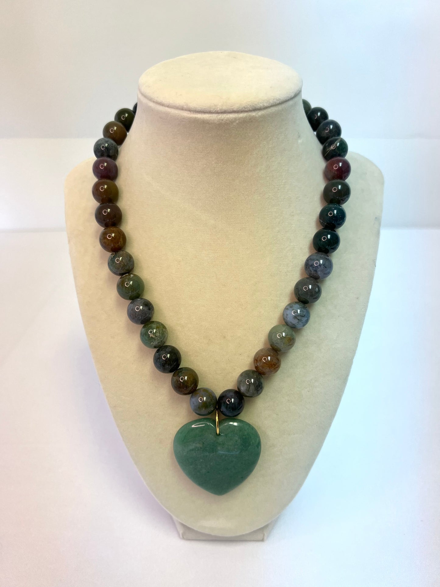 Green Jasper Beaded Necklace+Green Heart Pendant