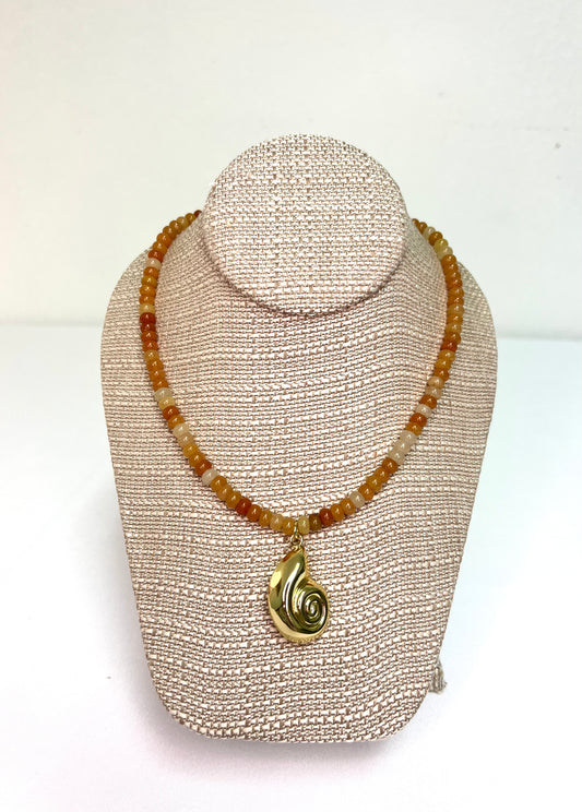 Orange Beaded Necklace+Gold Sea Shell Pendant