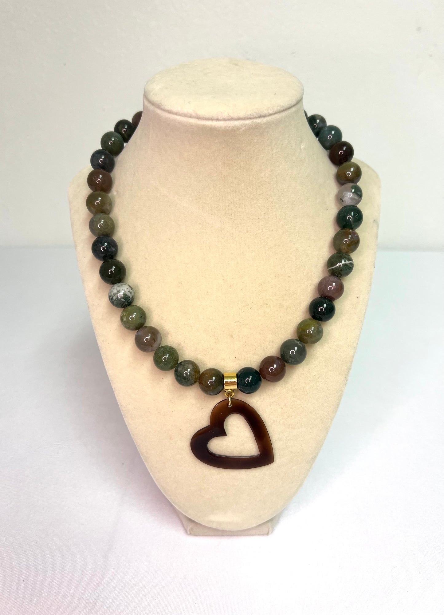 Jasper Stone Beaded Necklace+Tortoise Heart Pendant