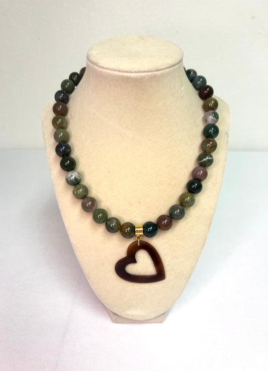 Jasper Stone Beaded Necklace+Tortoise Heart Pendant