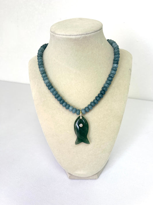 Teal Stone Beaded Necklace with Fish Pendant