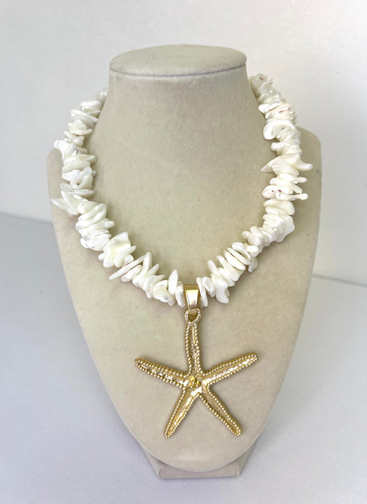 White Chip Bead Necklace with Gold Starfish Pendant