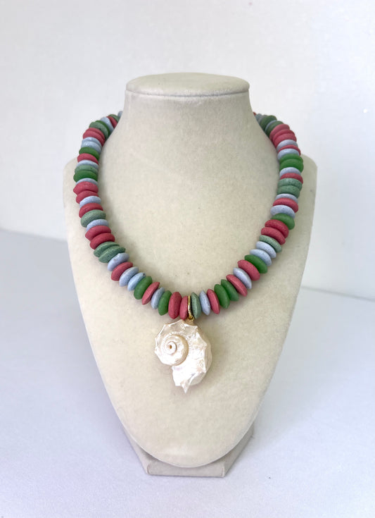 Multi Color Beaded Necklace with Spiral Shell Pendant