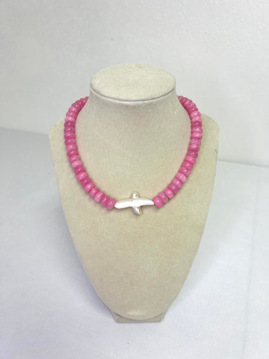 Pink Beaded Necklace with Pearl Cross Connector