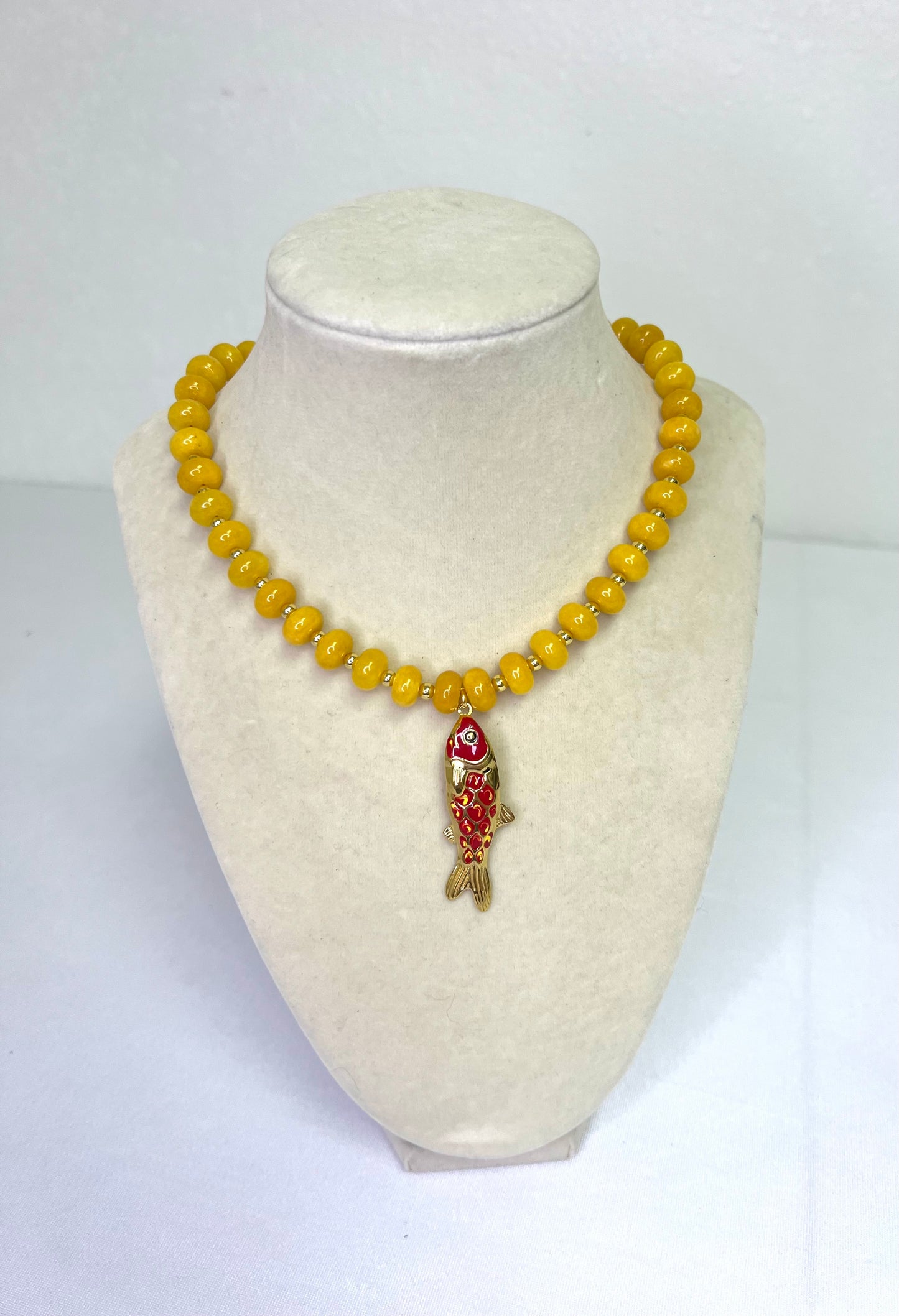 Yellow Beaded Necklace with Red Fish Pendant