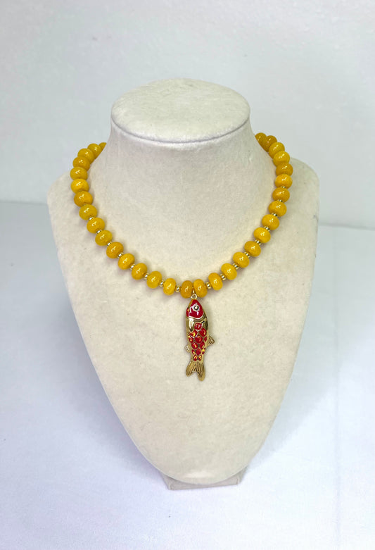 Yellow Beaded Necklace with Red Fish Pendant