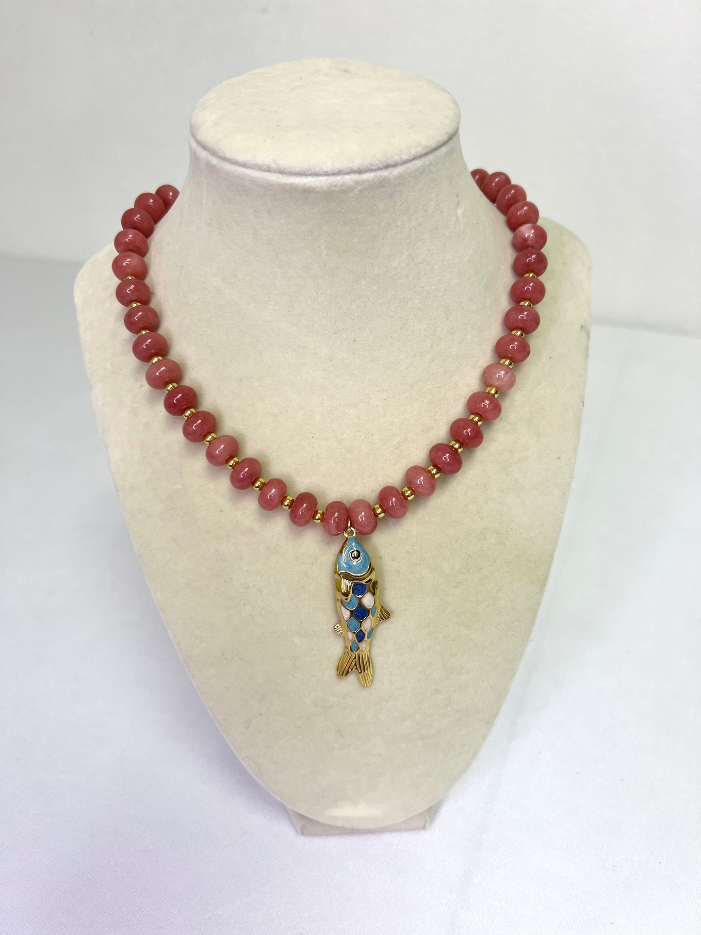 Coral Pink Beaded Necklace with Blue Fish Pendant