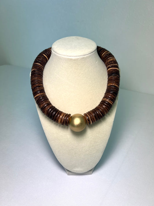 Brown Coconut Shell Necklace+Gold Connector Bead