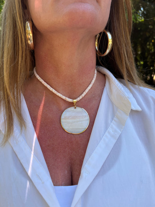 Light Pink Heishi Bead+Pearl Coin Pendant
