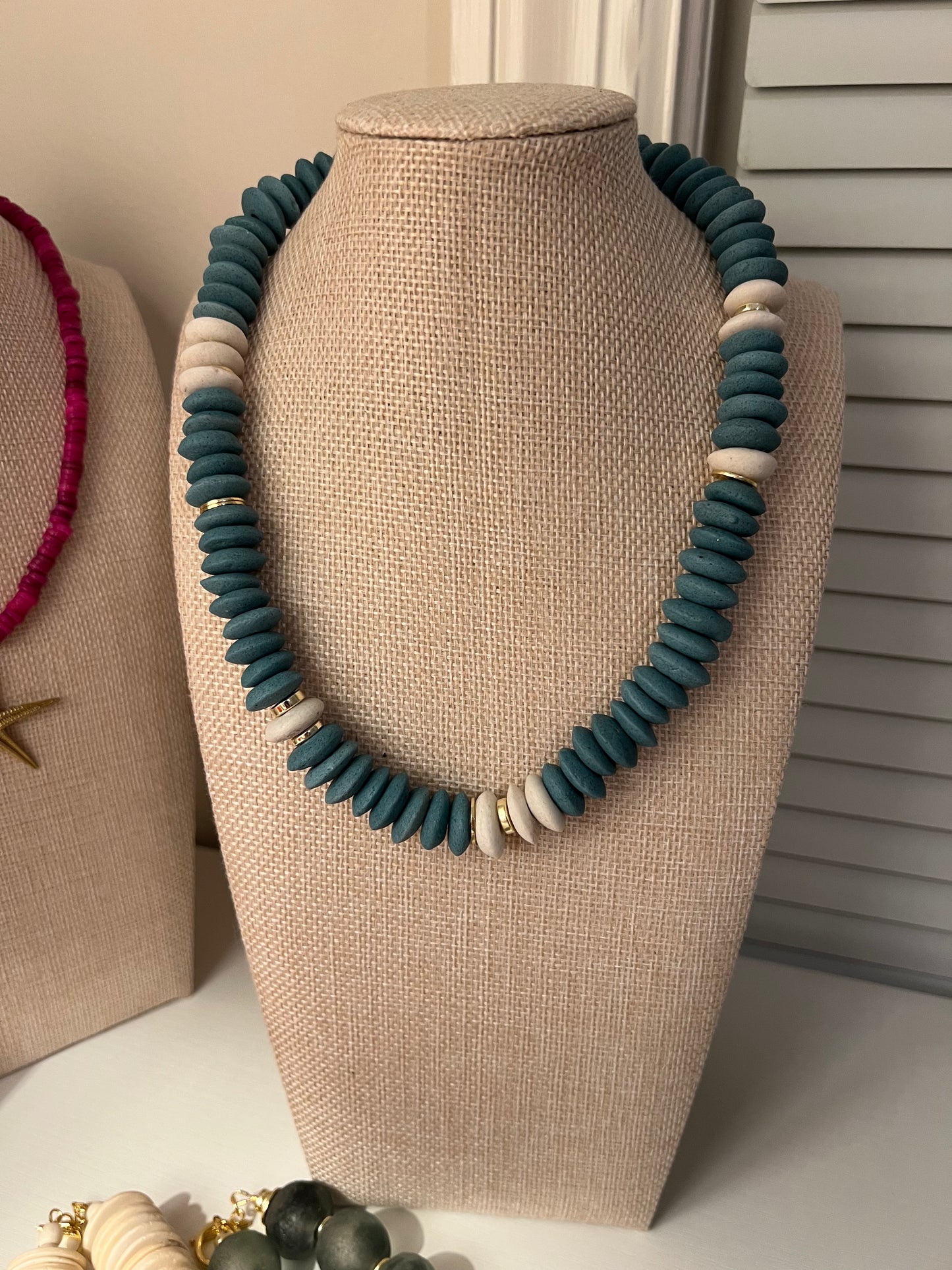 Deep Turquoise+White Glass Saucer Bead Collection