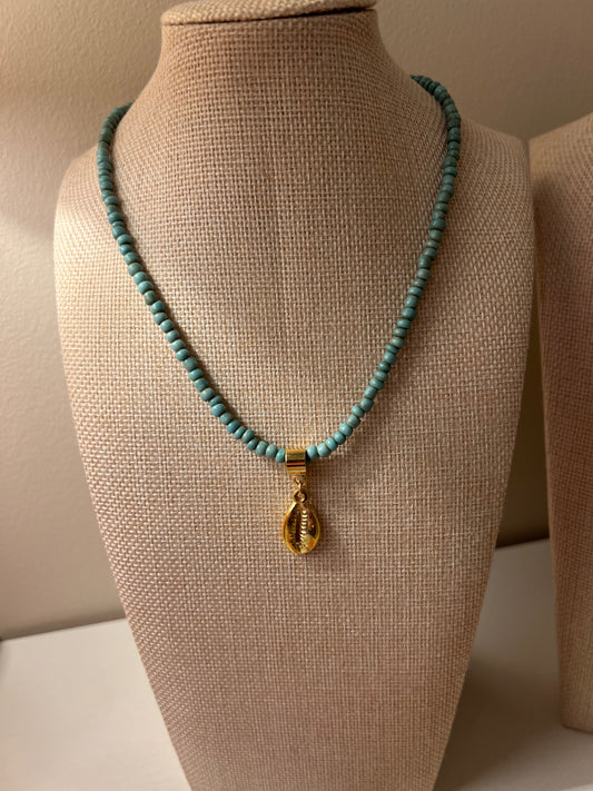 Turquoise Small Glass Bead+Small Gold Cowrie Shell Pendant