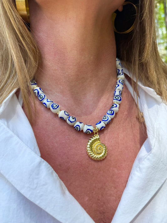 Blue & White Bead+Gold Seashell Pendant