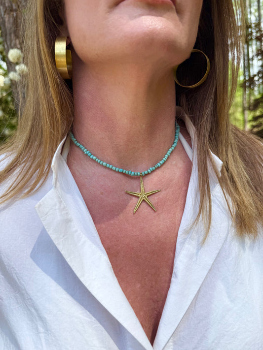 Turquoise Small Glass Bead+Starfish Pendant