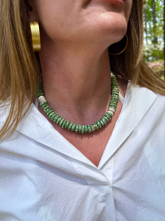 Funky Green+White Rondelle Bead