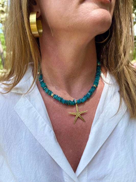 Ocean Blue Heishi Bead+Starfish Pendant