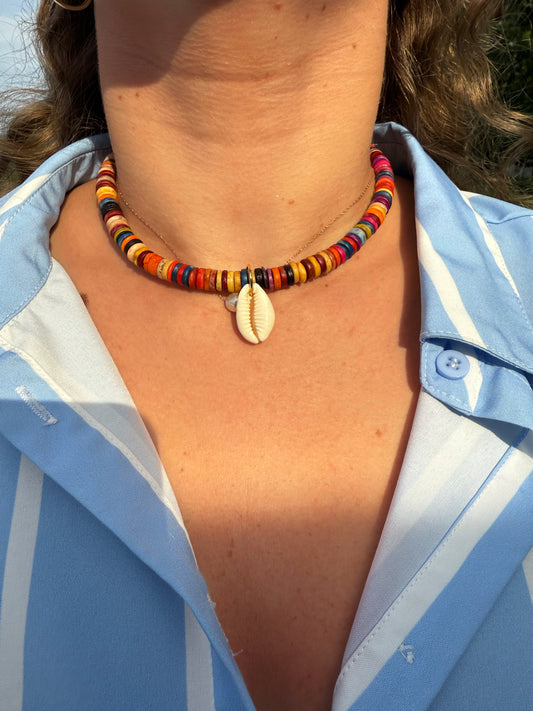 Multicolor Rondelle+Small Cowrie Shell Pendant