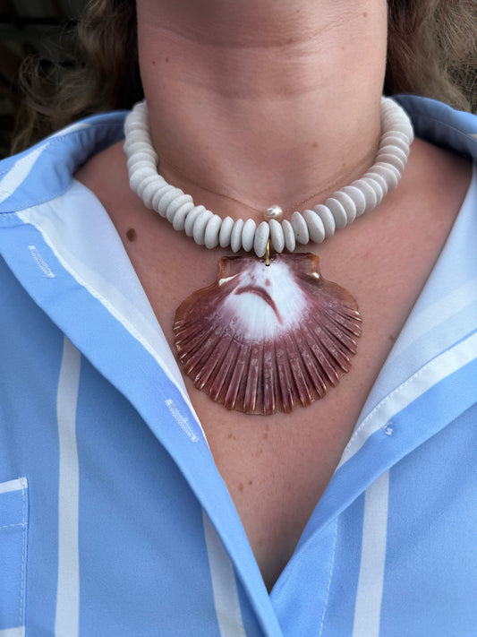 White Glass Saucer Bead+Large Seashell Pendant
