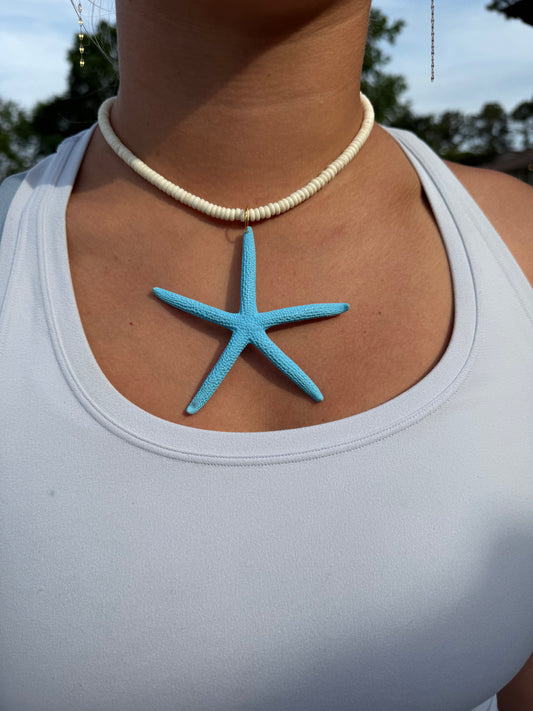 White Rondelle Bead+Blue Starfish Pendant